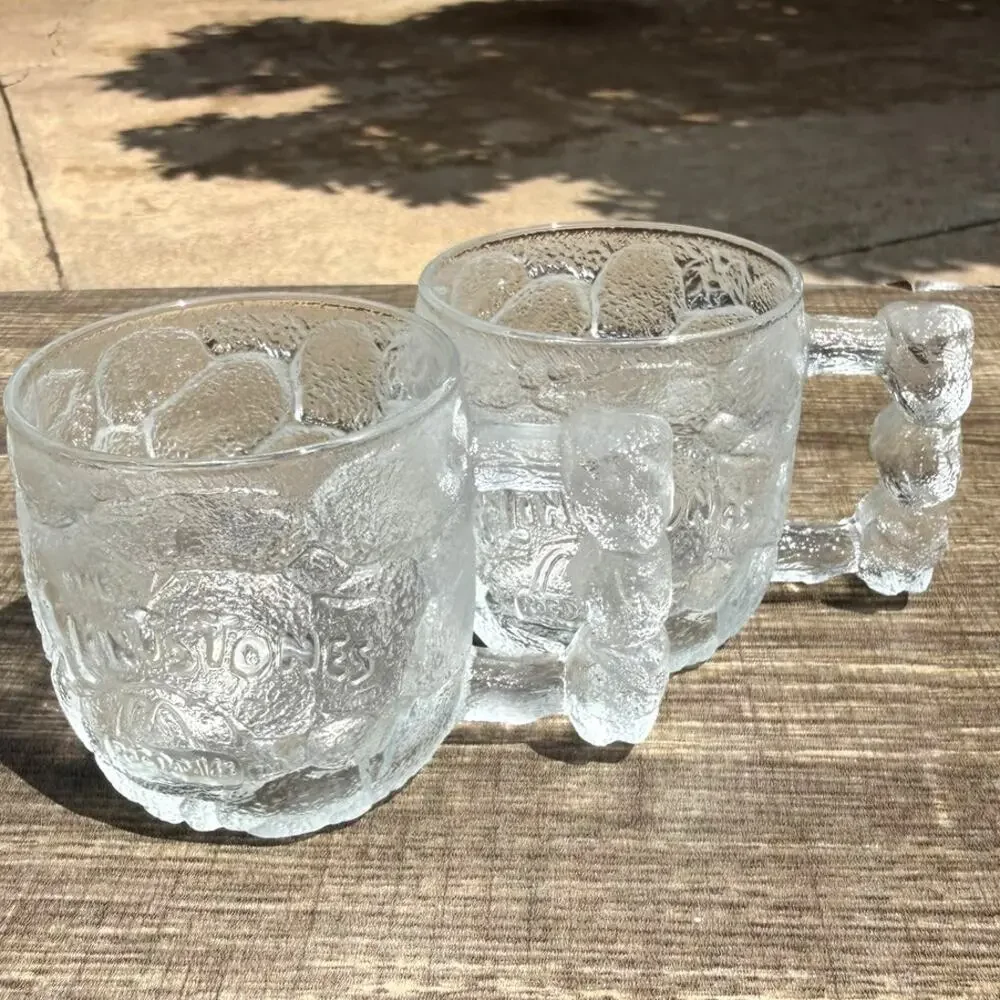 Vintage 1993 McDonalds Flintstones RocDonalds Glass Mugs Set Of 2 Bone Handle
